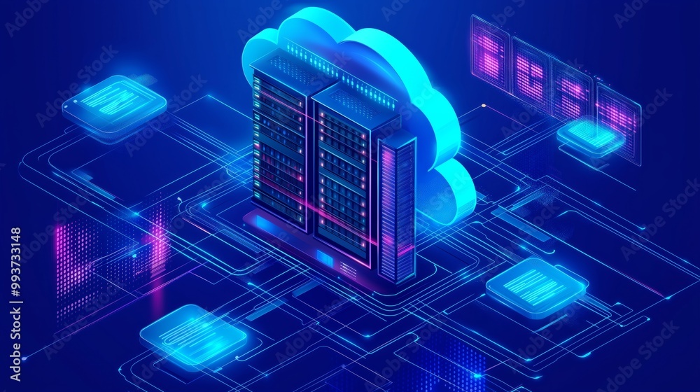 Poster Web hosting concept. Cloud computing online database technology security computer web data center server isometric landing vector page