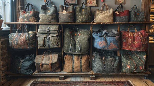 Secondhand Market Display of Bags and Used Woollen Blankets on a Shelf, showcasing a variety of items for bargain hunters seeking unique finds and cozy essentials.