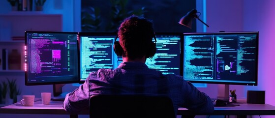 Obraz premium Focused Programmer at Workstation with Multiple Screens