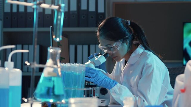 Scientist wearing a lab coat and safety glasses is using a microscope to analyze samples in a laboratory