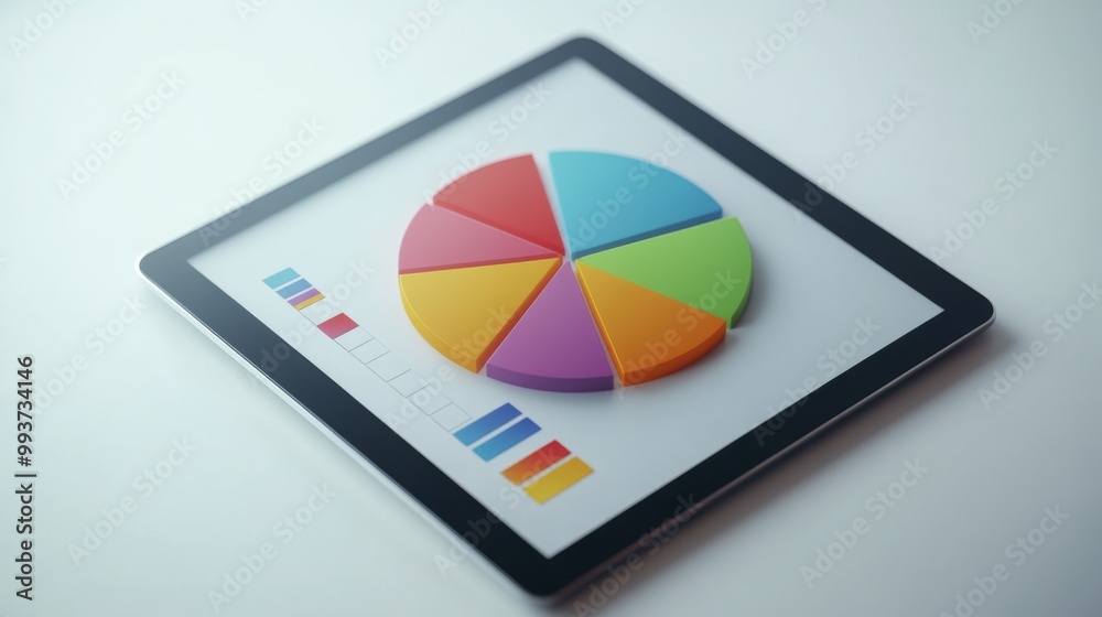 Aufkleber A digital tablet displaying a rotating 3D pie chart, with each segment representing market research data, set against a clean white workspace background.