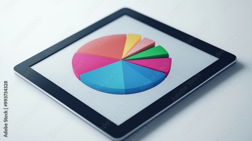Aufkleber A digital tablet displaying a rotating 3D pie chart, with each segment representing market research data, set against a clean white workspace background.