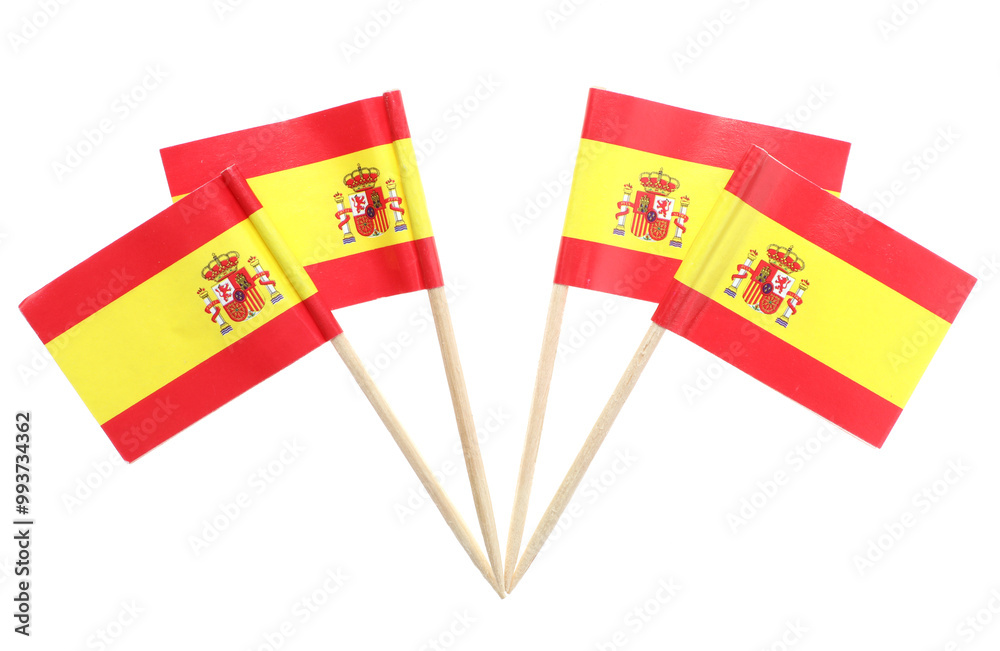 Poster Small paper flags of Spain isolated on white