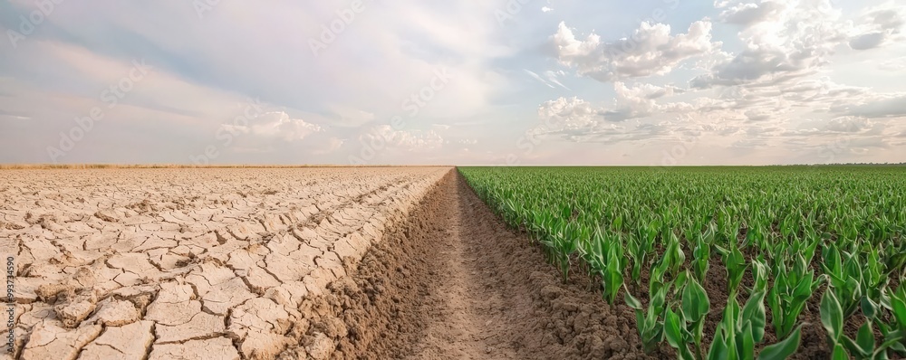 Wall mural The image contrasts a barren, dry landscape on one side with a lush, green field on the other, highlighting the impact of climate and land management.