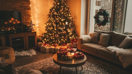 Cozy living room with a beautifully decorated Christmas tree,