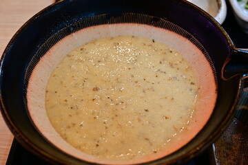 Grated Japanese yam, in mortar, close-up.