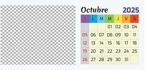 October Calendario Octubre Calendar 2025 , Horizontal Calendar Template. Mock Up, Layout Of A Wall Or Desk Simple Calendar
