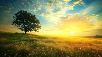 Obraz premium A lone tree stands silhouetted against a vibrant sunset over a field of wildflowers.