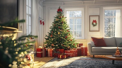 Cozy living room with a beautifully decorated Christmas tree,