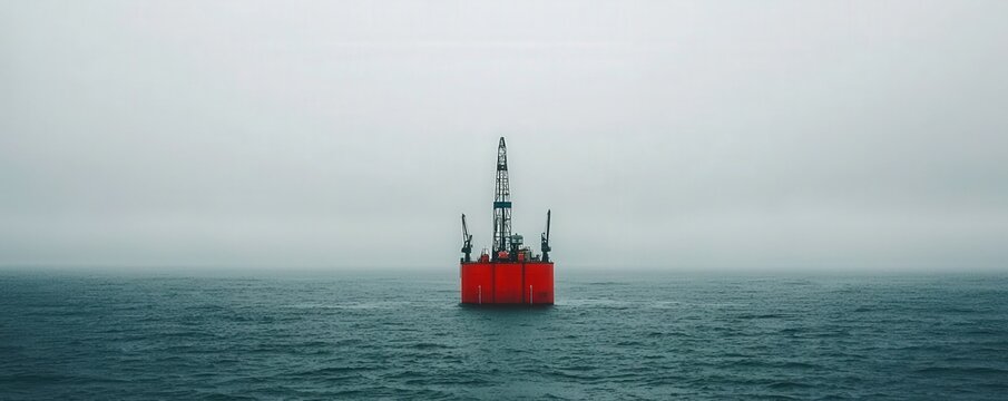 A solitary red buoy rests in a calm sea under a cloudy sky, offering a striking contrast against the muted surroundings.