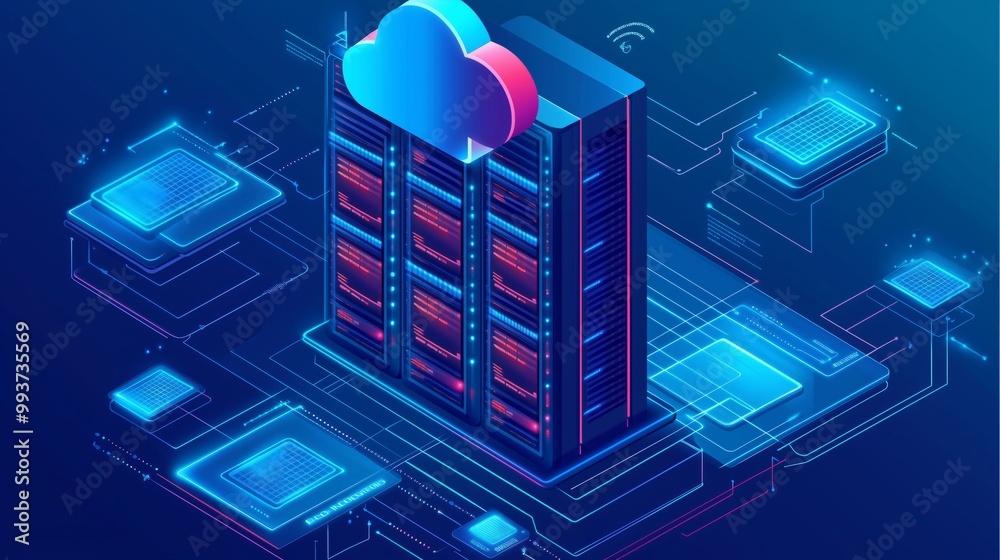 Poster Web hosting concept. Cloud computing online database technology security computer web data center server isometric landing vector page