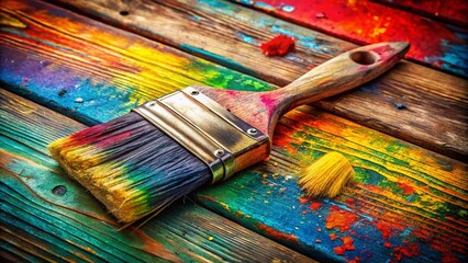 Fototapeta premium Vintage Paint Brush on Rustic Wooden Surface with Colorful Paint Stains and Artistic Touches