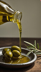 a bottle of olive oil is poured into a bowl of olive oil.