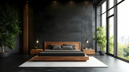 3D Illustration of a Minimalist Bedroom with a Wooden Bed, Grey Walls, and Large Windows