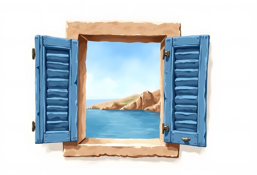 Illustration of a window with a view of the cliff at the river
