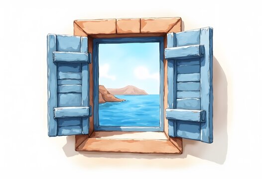 Illustration of a window with a view of the cliff at the river

