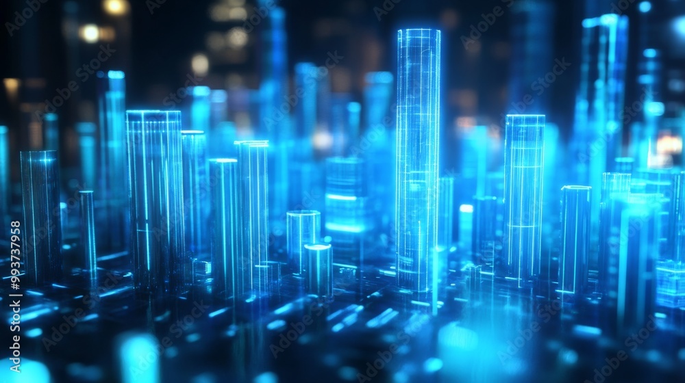 Aufkleber A futuristic cityscape made of glowing 3D bar chart bars, symbolizing data and analytics transforming into urban development and technological advancement