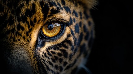 Close-up of a jaguar's striking eye showcasing its intricate patterns and colors.