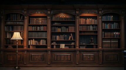 Classical Wooden Bookcase Filled with Books Against Dark Background. AI generated illustration