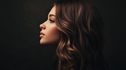 Fototapeta premium A profile portrait of a woman with flowing hair against a dark background.