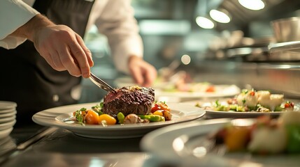 Chef Preparing Fine Dining Dish in Restaurant Kitchen. AI generated illustration