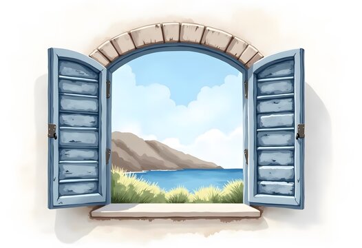 Illustration of a window with a view of the cliff at the river
