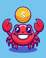 Cute Crab Holding Gold Coin Cartoon Vector Icon Illustration. Animal Finance Icon Concept Isolated Premium Vector. Flat Cartoon Style
