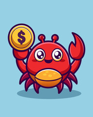 Cute Crab Holding Gold Coin Cartoon Vector Icon Illustration. Animal Finance Icon Concept Isolated Premium Vector. Flat Cartoon Style
