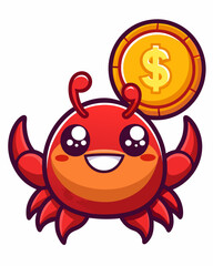 Cute Crab Holding Gold Coin Cartoon Vector Icon Illustration. Animal Finance Icon Concept Isolated Premium Vector. Flat Cartoon Style
