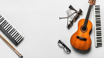 Fototapeta premium A guitar and a keyboard are on a white background