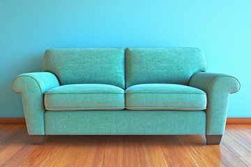 Minimalist living room with a turquoise fabric sofa against a vibrant blue wall and hardwood floors creating a clean and contemporary interior setting with bright bold color contrasts
