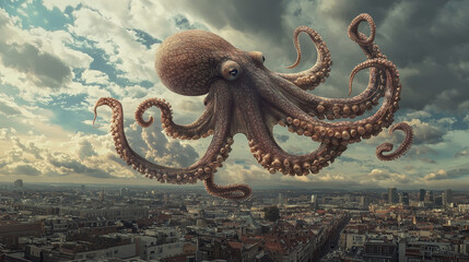 Obraz premium A huge octopus floating in the sky above the city, view from the ground