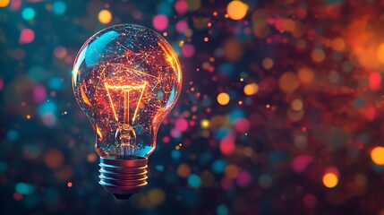 Light Bulb with Colorful Sparks and Digital Data on Abstract Background. AI generated illustration