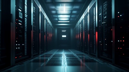 Obraz premium Large Server in Open Server Room Surrounded by Modern Data Drives. AI generated illustration