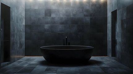 Minimalist Black Bathroom Interior Design with Bathtub and Tiles - 3D Illustration