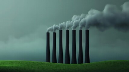Industrial zone built on deforested land, rows of factory chimneys emitting smoke, the distant remains of a devastated forest, 3D illustration