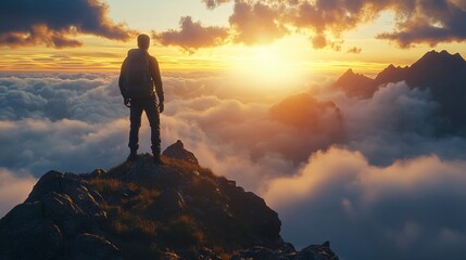 Man Standing on Mountain Top at Sunrise, Feeling Success. AI generated illustration