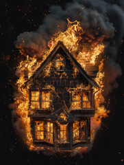 Fototapeta premium An old wooden house goes up in flames black background , full details