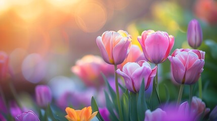 Obraz premium A vibrant field of pink tulips basking in the warm glow of the setting sun.