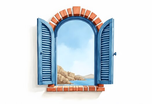 Illustration of a window with a view of the cliff at the river

