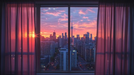 A dynamic photograph of curtains being pulled back to reveal a stunning city skyline at sunset, blending indoor comfort with outdoor beauty.