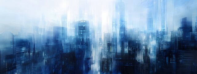 A cityscape of New York made up entirely from blue abstract shapes, with skyscrapers and buildings of various heights, all in shades of light to dark blue