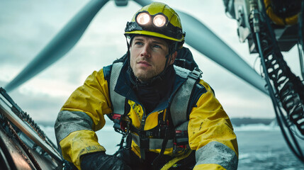 maintenance worker in yellow safety suit and helmet is focused on his task near offshore wind turbine. scene captures dedication and challenges of working in renewable energy