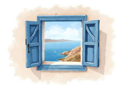 Illustration of a window with a view of the cliff at the river
