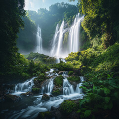 Fototapeta premium a high quality image of a majestic waterfall surrounded by lush greenery, cascading, serene, natural beauty, landscape photography, long exposure, misty, backlit, high dynamic range, scenic