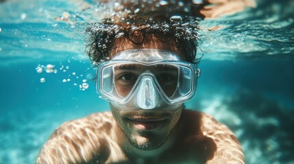 Fototapeta premium A man snorkeling while wearing a snorkel mask while taking a selfie underwater. AI generated image