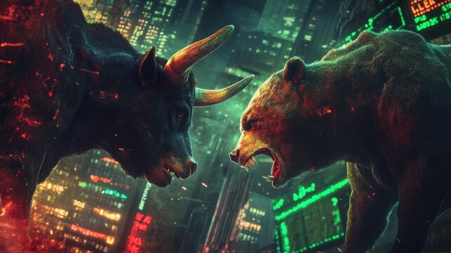 Bear market vs bull market in front of Bitcoin and cryptocurrency market chart image.