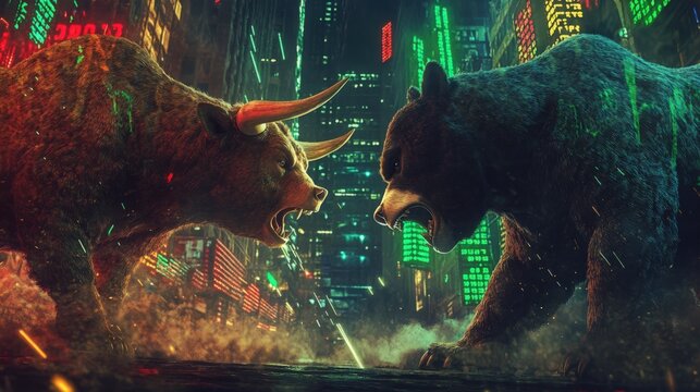 Bear market vs bull market in front of Bitcoin and cryptocurrency market chart image.