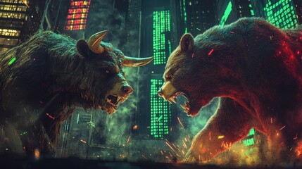 Bear market vs bull market in front of Bitcoin and cryptocurrency market chart image.