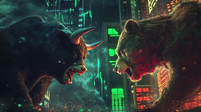 Bear market vs bull market in front of Bitcoin and cryptocurrency market chart image.